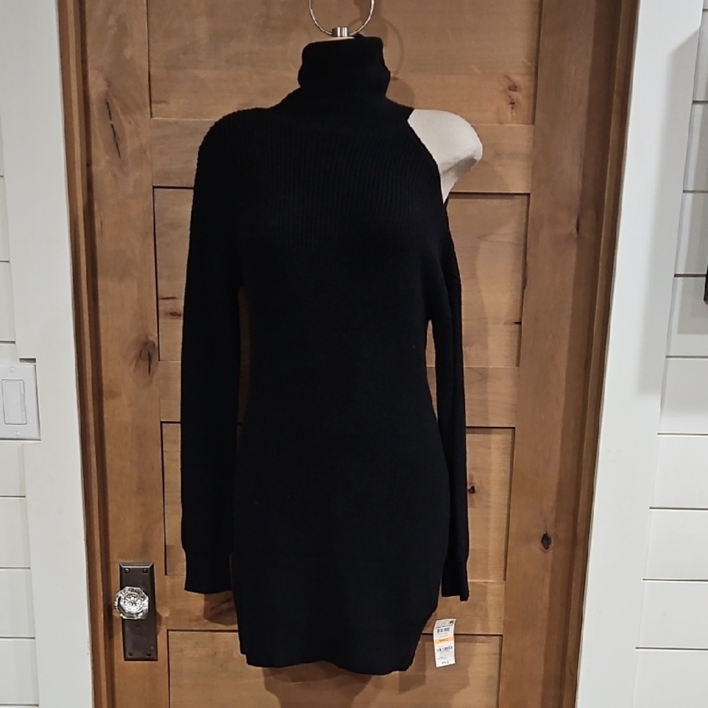 One-Shoulder Black Turtleneck Sweater Dress